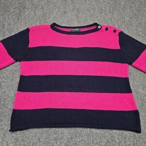 Lauren Ralph Lauren Stripe Knit Sweater XL Pink Navy Button‎ Shoulder Preppy